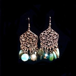 Silver Cascade Beaded Earrings, Round Drop of Green Glass Beads